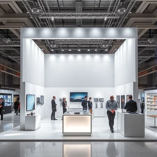 Futuristic exhibition hall with ethereal lighting and abstract sculptures